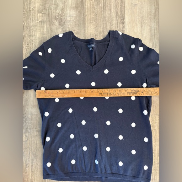 Navy White Polka Dot V-Neck Sweater Women’s Preppy Whimsical Classic XL - Picture 3 of 6